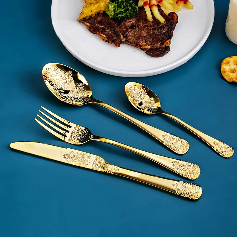 Gold Cutlery Set Stainless Steel Fork Spoons Knife Tableware Kit