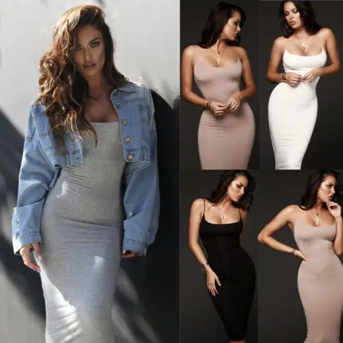 Women's V-Neck Spaghetti Strap Bodycon Dress – Summer Beach Style