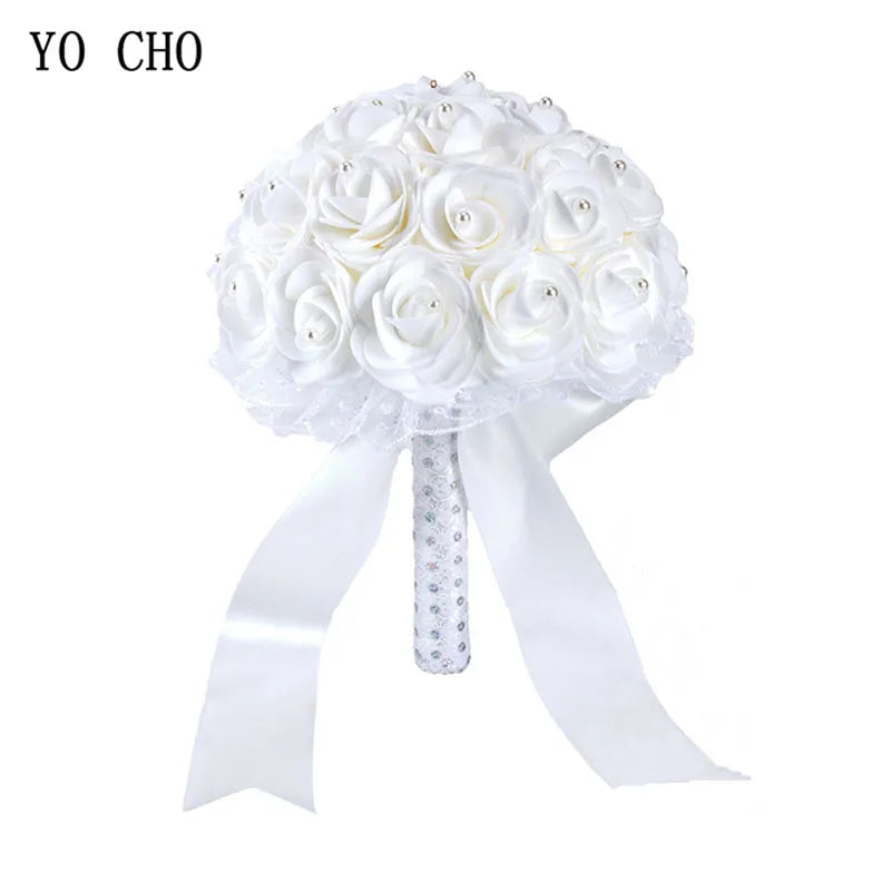 Elegant Blue Bridal Bouquet – Artificial PE Roses with Pearls