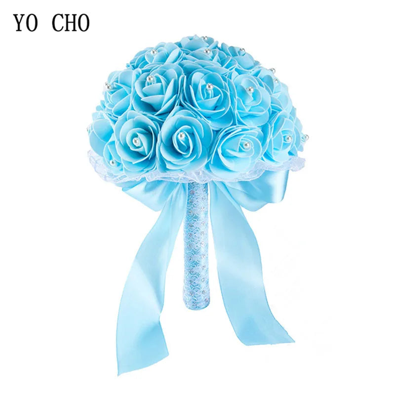 Elegant Blue Bridal Bouquet – Artificial PE Roses with Pearls