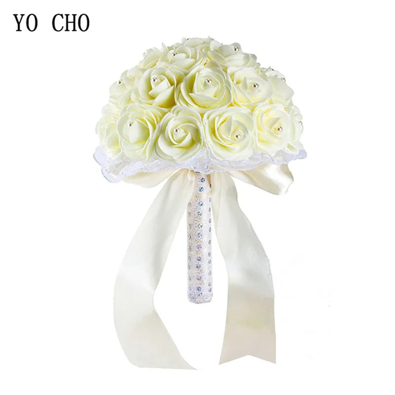 Elegant Blue Bridal Bouquet – Artificial PE Roses with Pearls