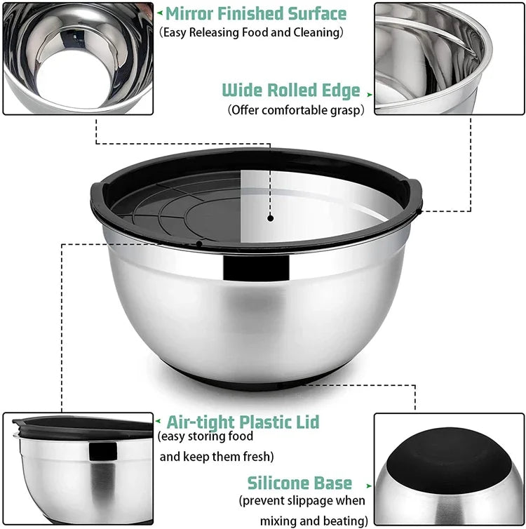6-Piece Stainless Steel Mixing Bowls with Lids & Non-Slip Bases