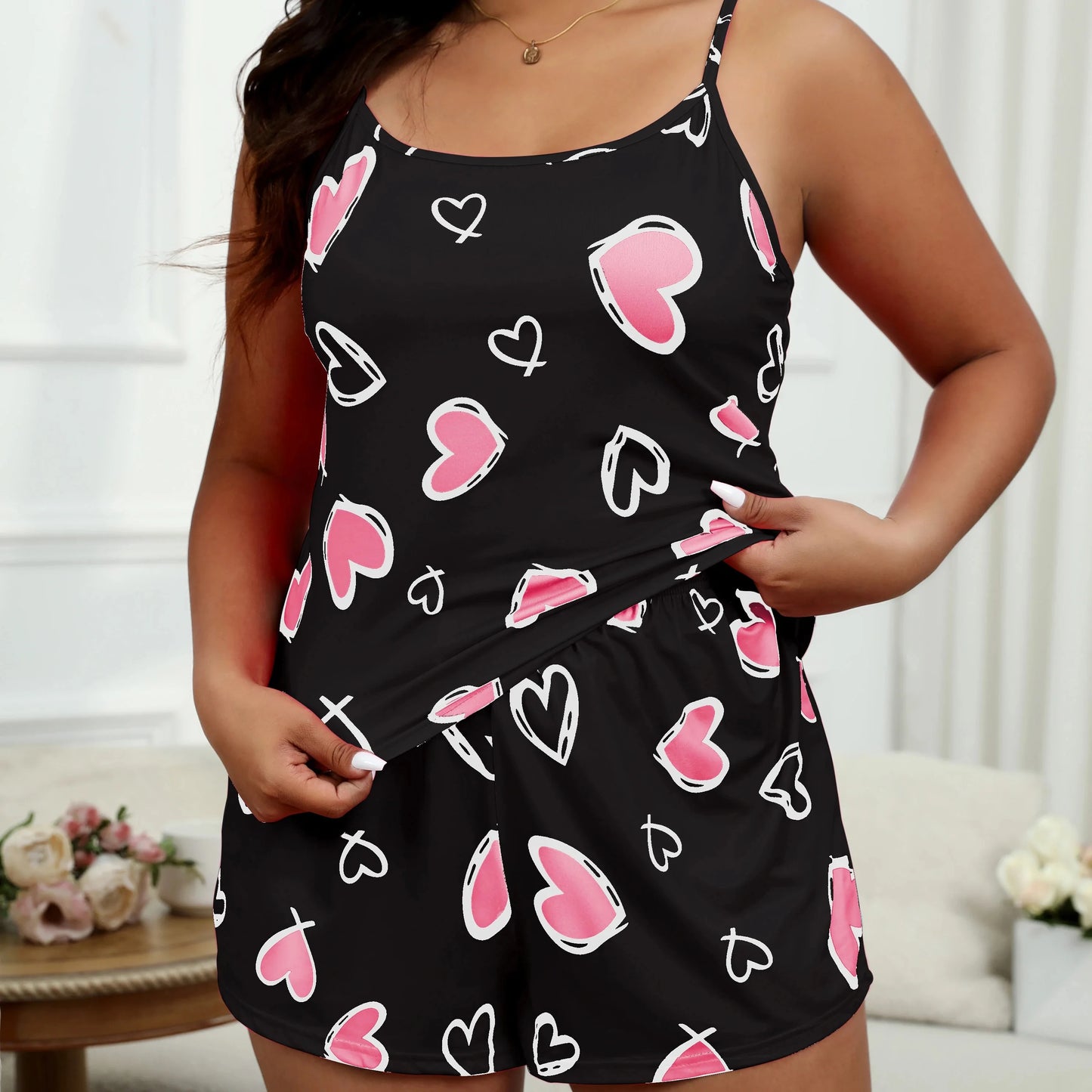 Plus Size Heart Print Cami & Shorts Pajama Set