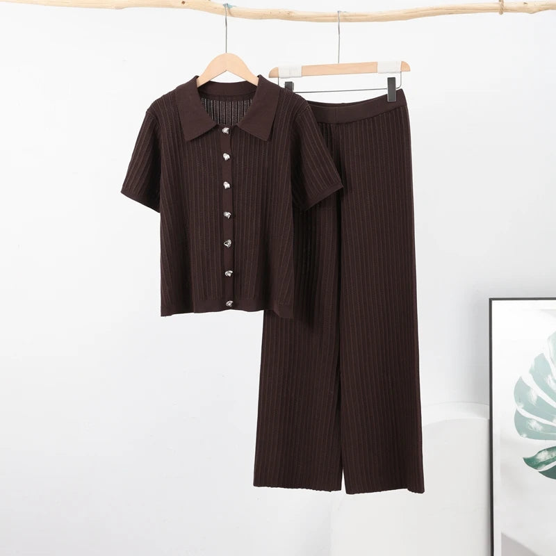 2025 Vintage-Inspired Knitted Pants Set – Brown Cardigan & Straight Trousers