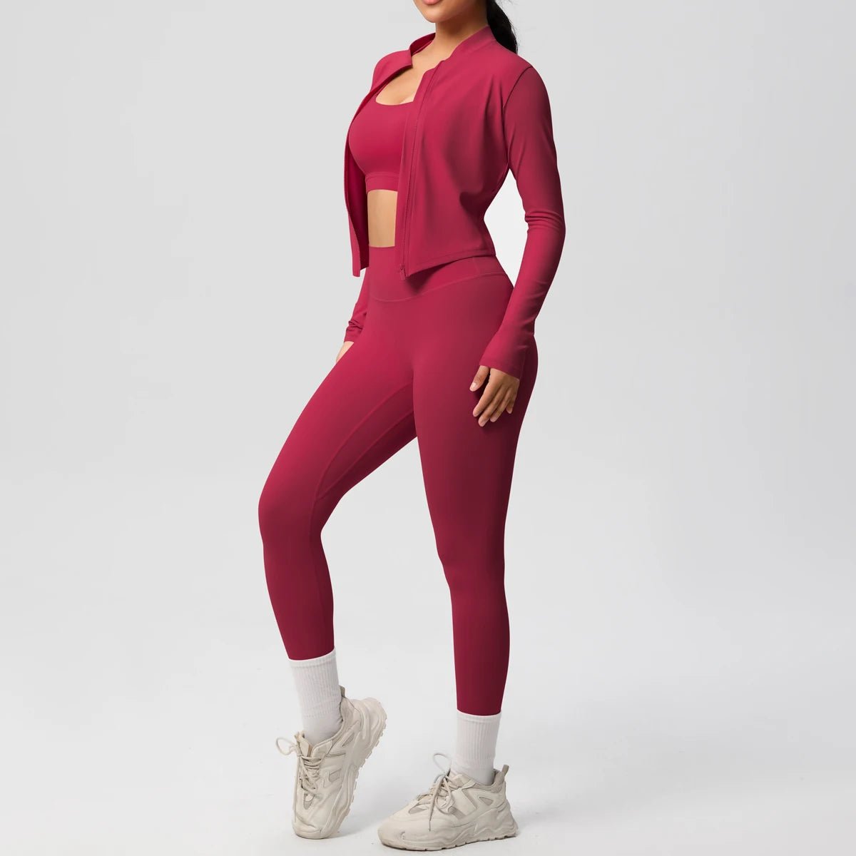 3-Piece Women's Sportswear Yoga Set – Zipper Jacket, Sports Bra & Leggings