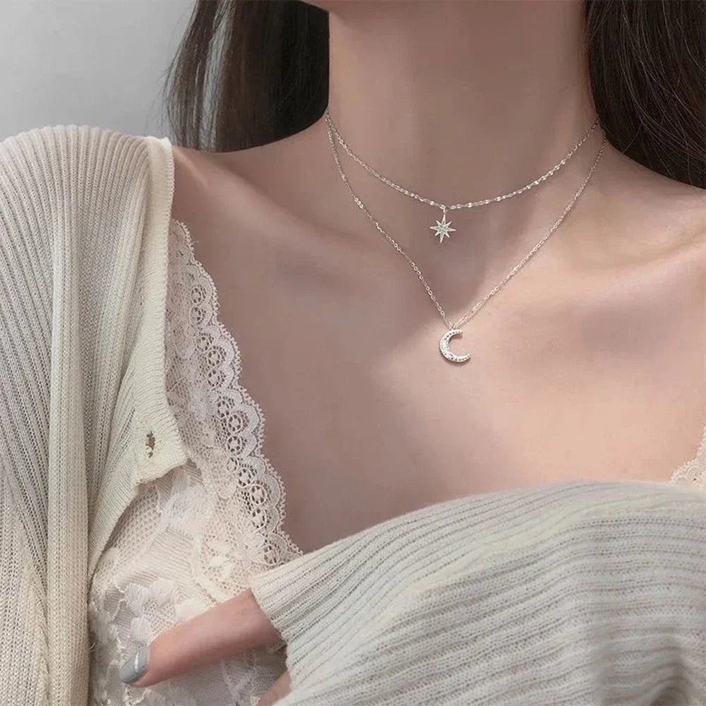 SUMENG 2025 Double Layer Star & Moon Necklace