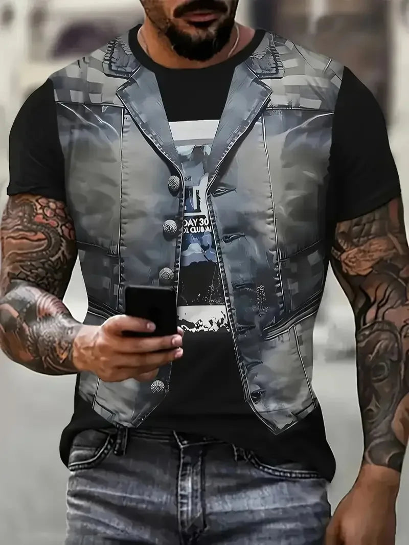 Men’s 3D Printed Fake Jacket T-Shirt
