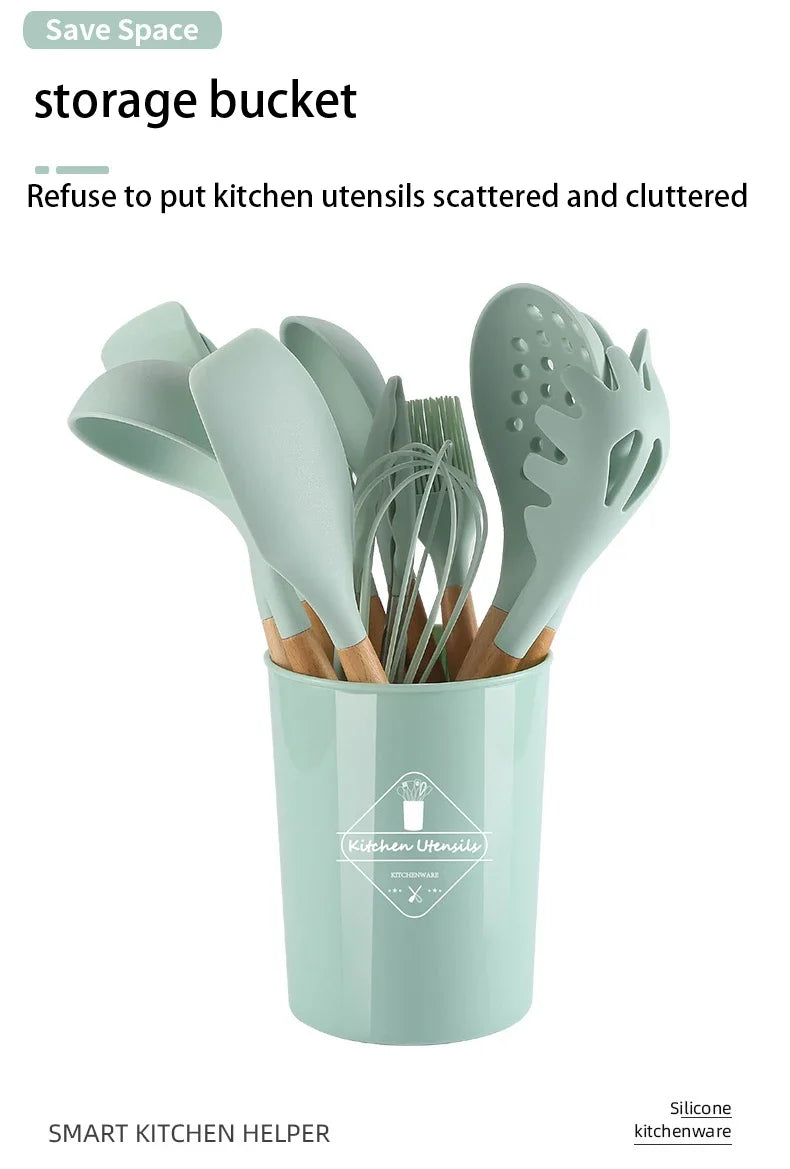 12 pcs Set of Multi-color Silicone Wooden Handle Kitchenware