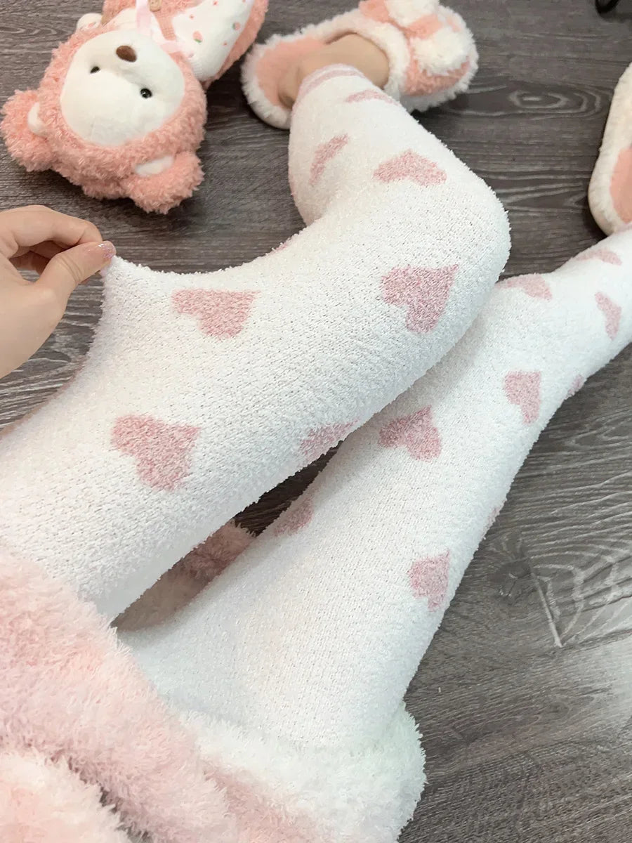 Heart Print Soft High Waist Coral Fleece Sleep Bottoms