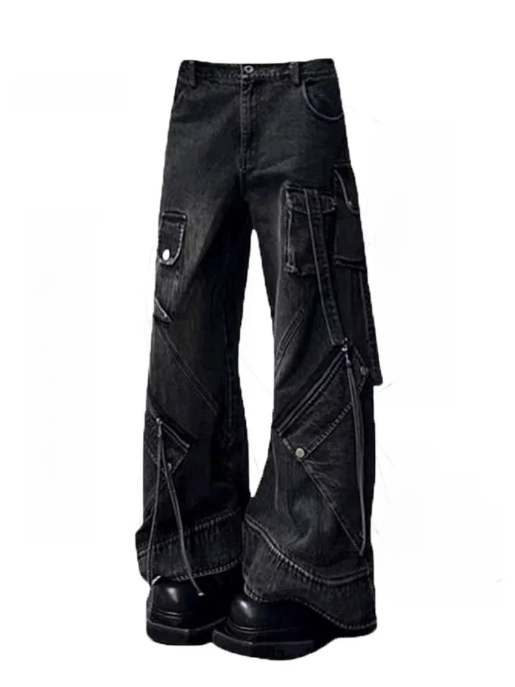 2025 Y2K Punk Streetwear Baggy Cargo Jeans – Washed Black Wide-Leg Pants for Women