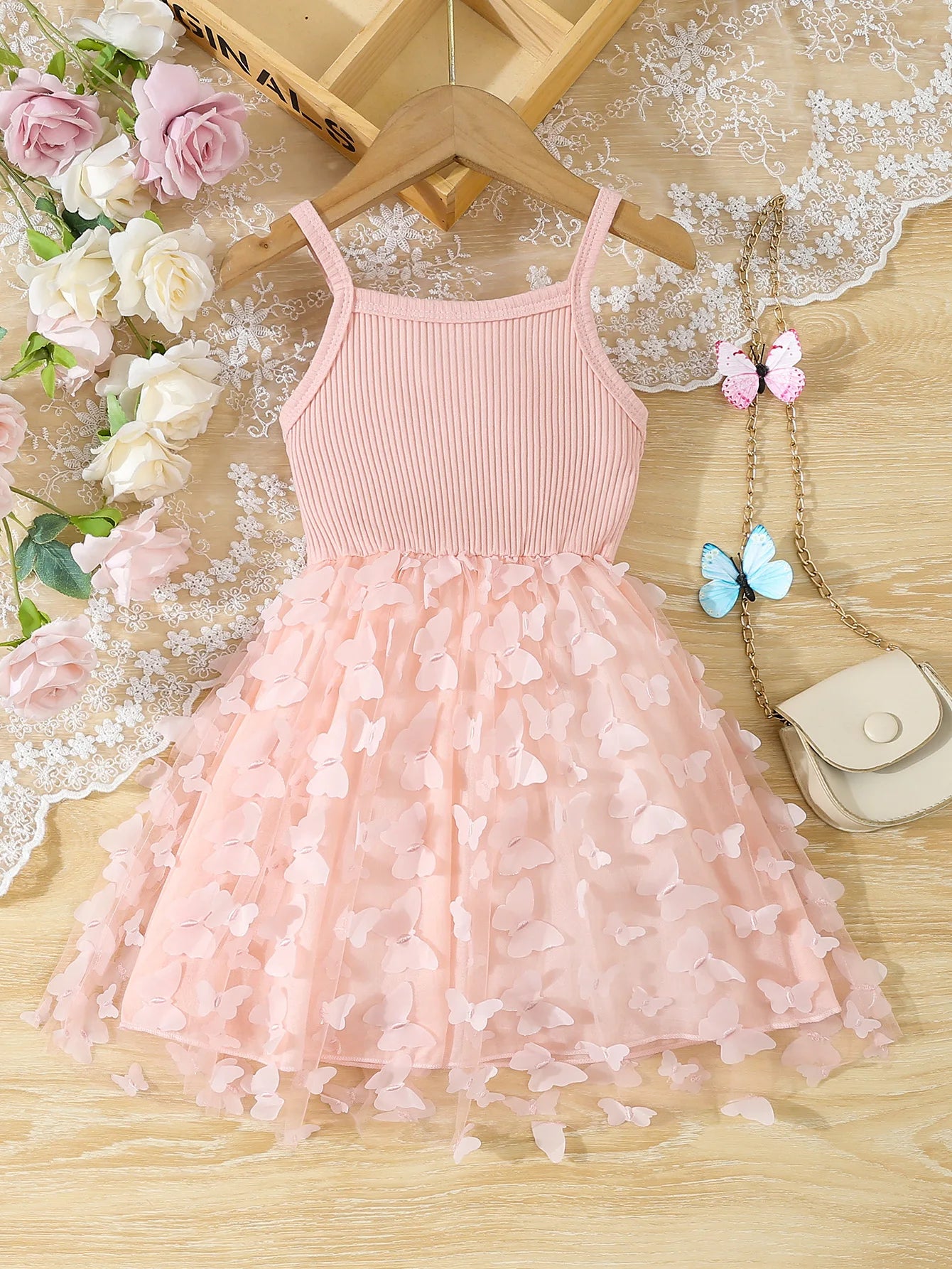 Summer Toddler & Kids Girl’s Butterfly Decor Mesh Splicing Cami Dress