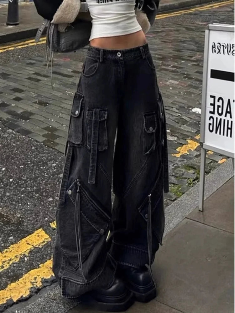2025 Y2K Punk Streetwear Baggy Cargo Jeans – Washed Black Wide-Leg Pants for Women