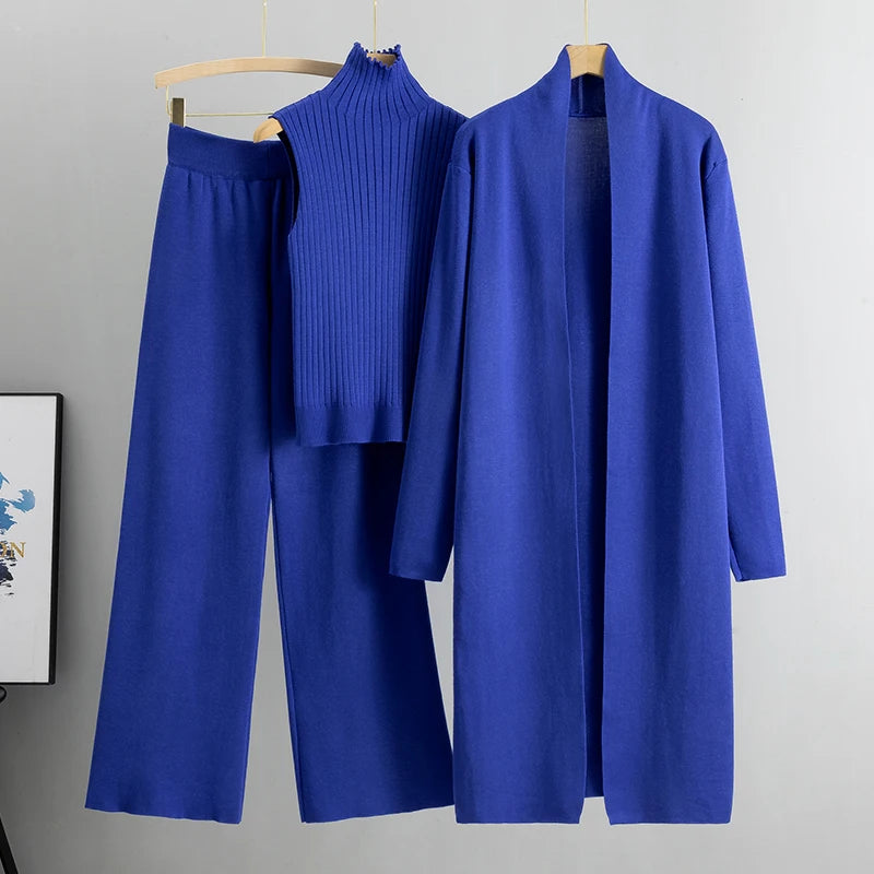 Spring Autumn Women’s 3-Piece Cardigan Tracksuit – Vintage-Inspired Knitted Sweater & Pants Set