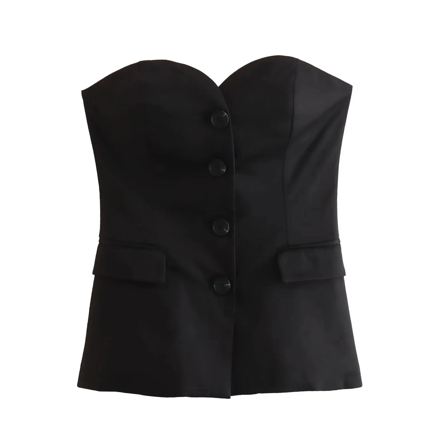 Elegant Women’s Strapless Pant Suit – Button-Up Top & Side-Slit Trousers