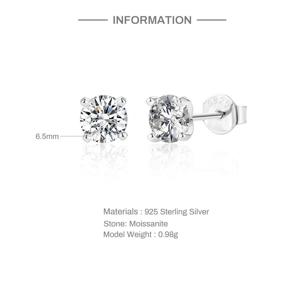 0.5–1.2 Carat D Color Moissanite Ear Stud Earrings for Women