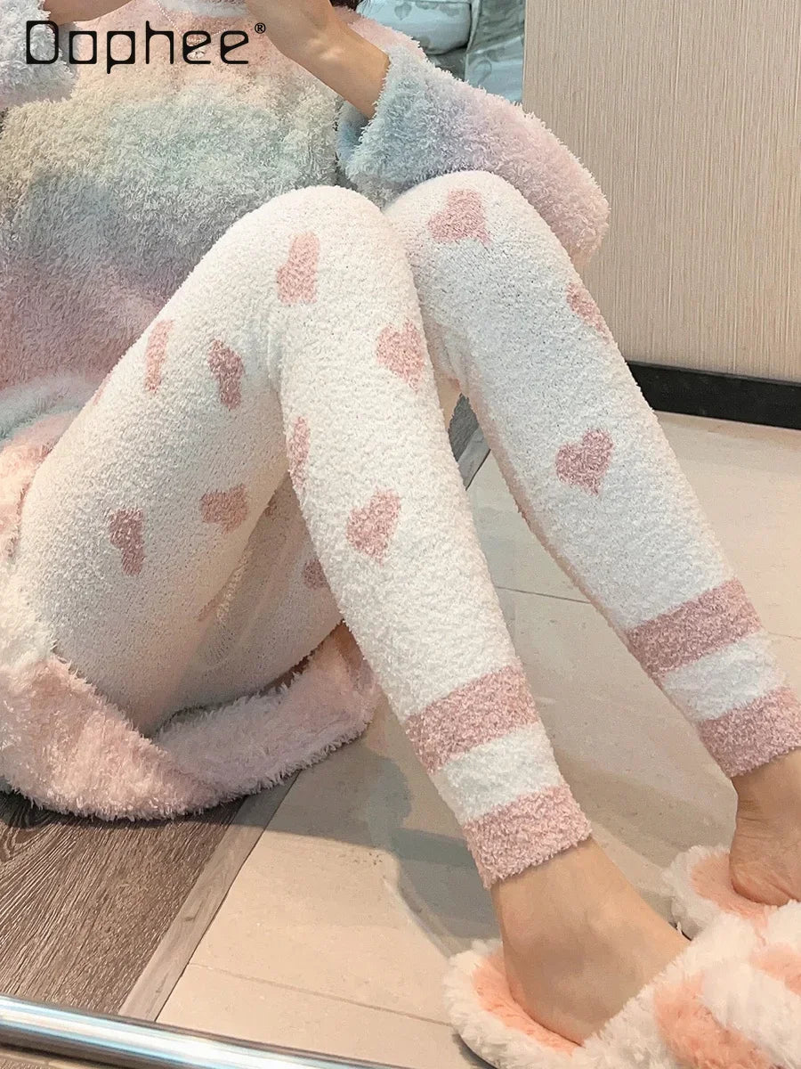 Heart Print Soft High Waist Coral Fleece Sleep Bottoms