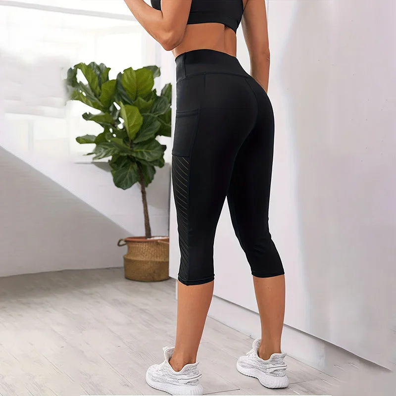 Women's Mesh High-Waist Capri Yoga Leggings with Pockets – Tummy Control Workout Leggings