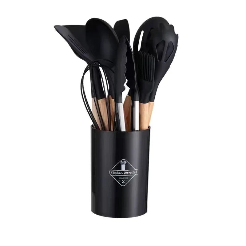12 pcs Set of Multi-color Silicone Wooden Handle Kitchenware