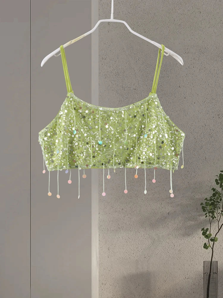 2025 Spring Summer Sexy Beach Tassel Skirt Set – Sequin Backless Sleeveless Ibiza Festival Outfit