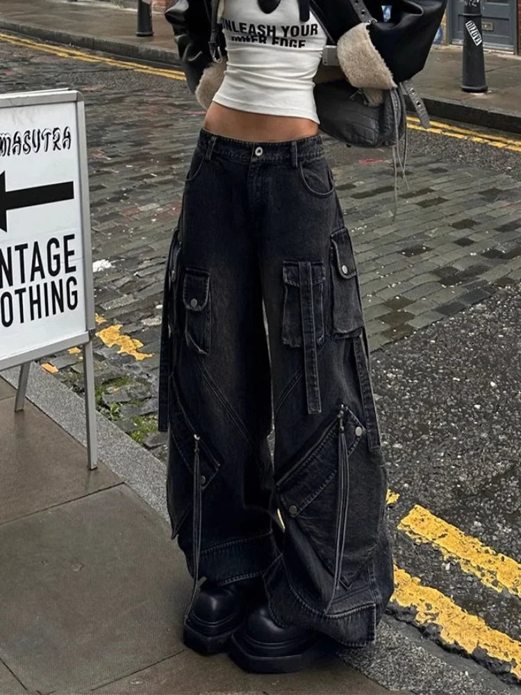 2025 Y2K Punk Streetwear Baggy Cargo Jeans – Washed Black Wide-Leg Pants for Women