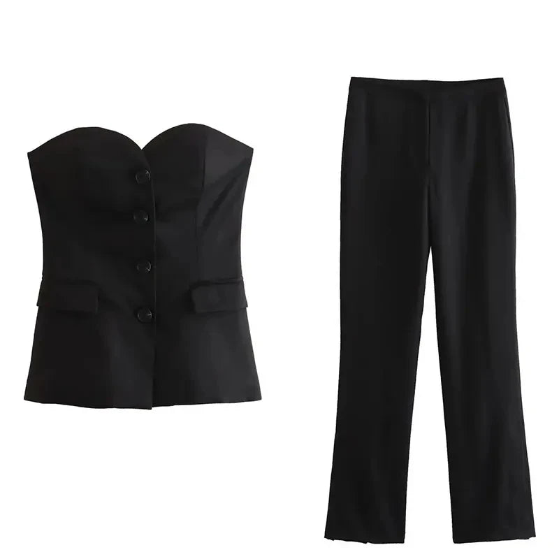 Elegant Women’s Strapless Pant Suit – Button-Up Top & Side-Slit Trousers