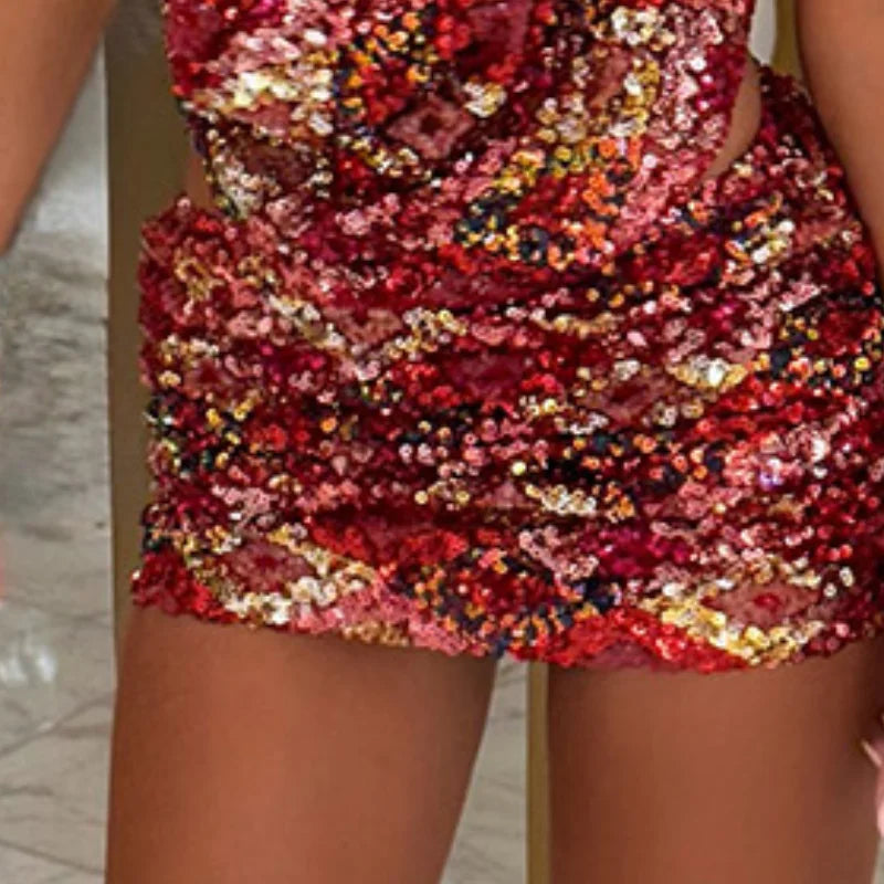 2025 Summer Colorful Sequin Halter Set – Plunge-Neck Sleeveless Vest & Bodycon Mini Skirt