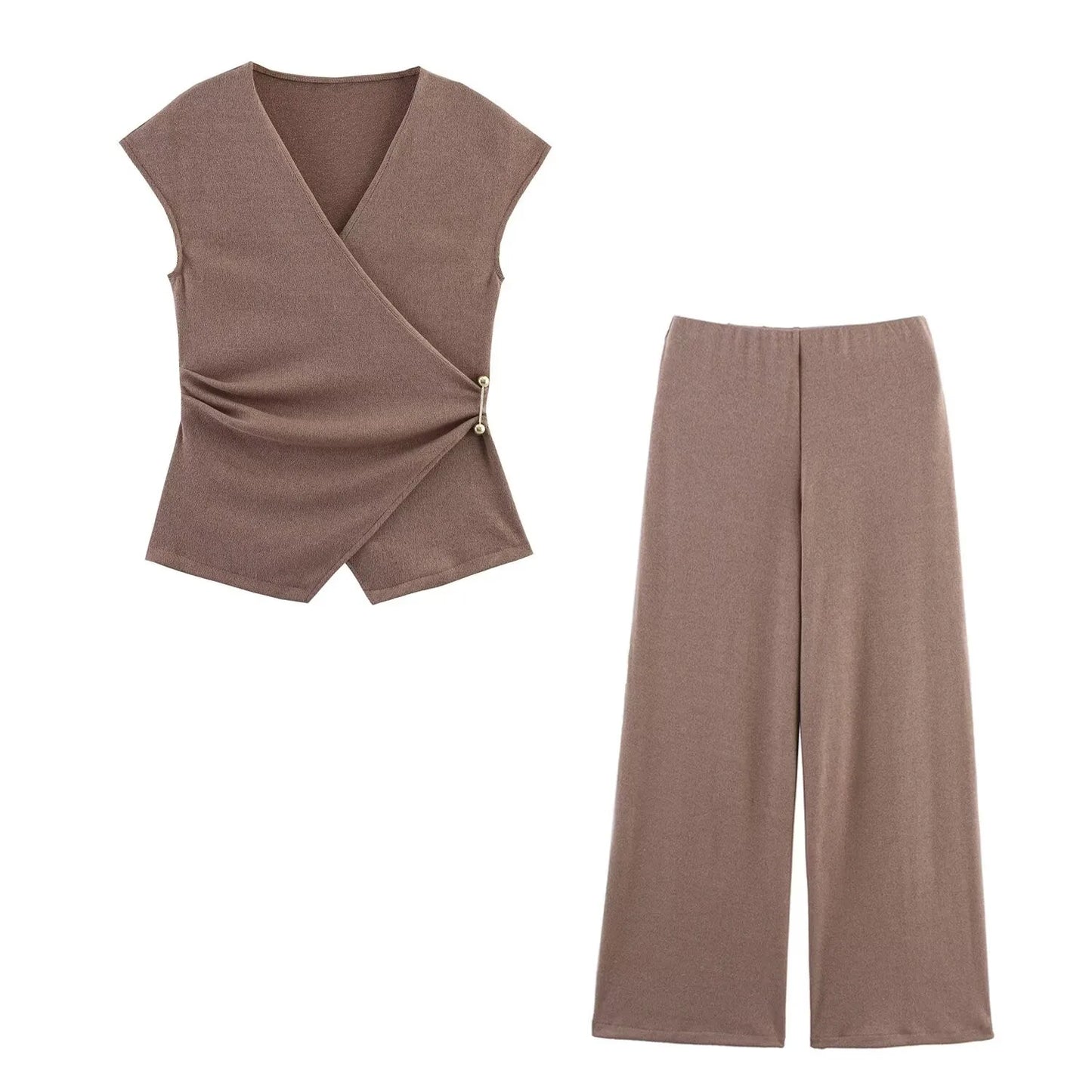 Summer New Women’s Two-Piece Set – Pin-Decorated Sleeveless Double-Breasted V-Neck Top & Mid-Waist Casual Pants