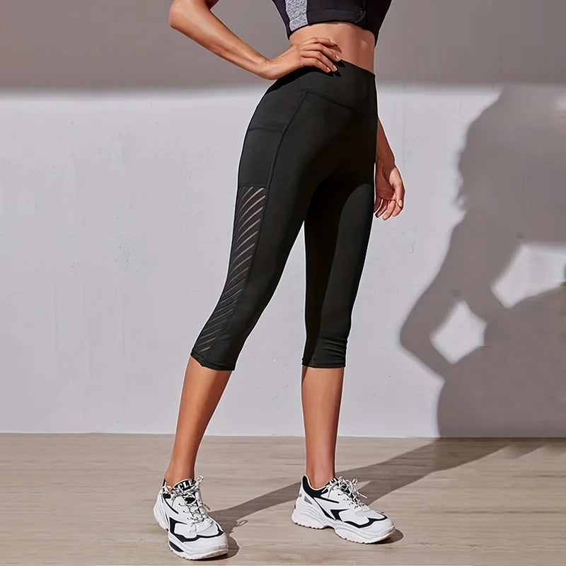 Women's Mesh High-Waist Capri Yoga Leggings with Pockets – Tummy Control Workout Leggings