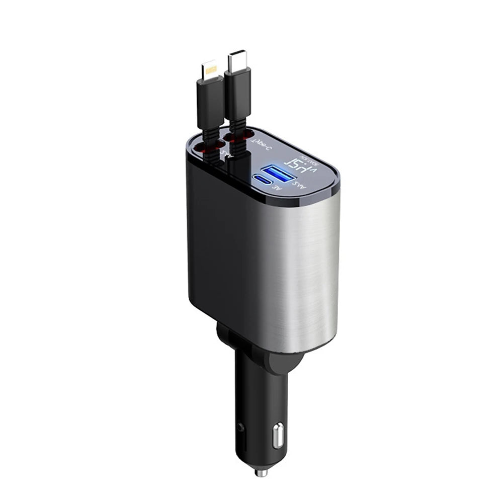 4-in-1 120W Retractable Car Charger with USB Type-C Cable