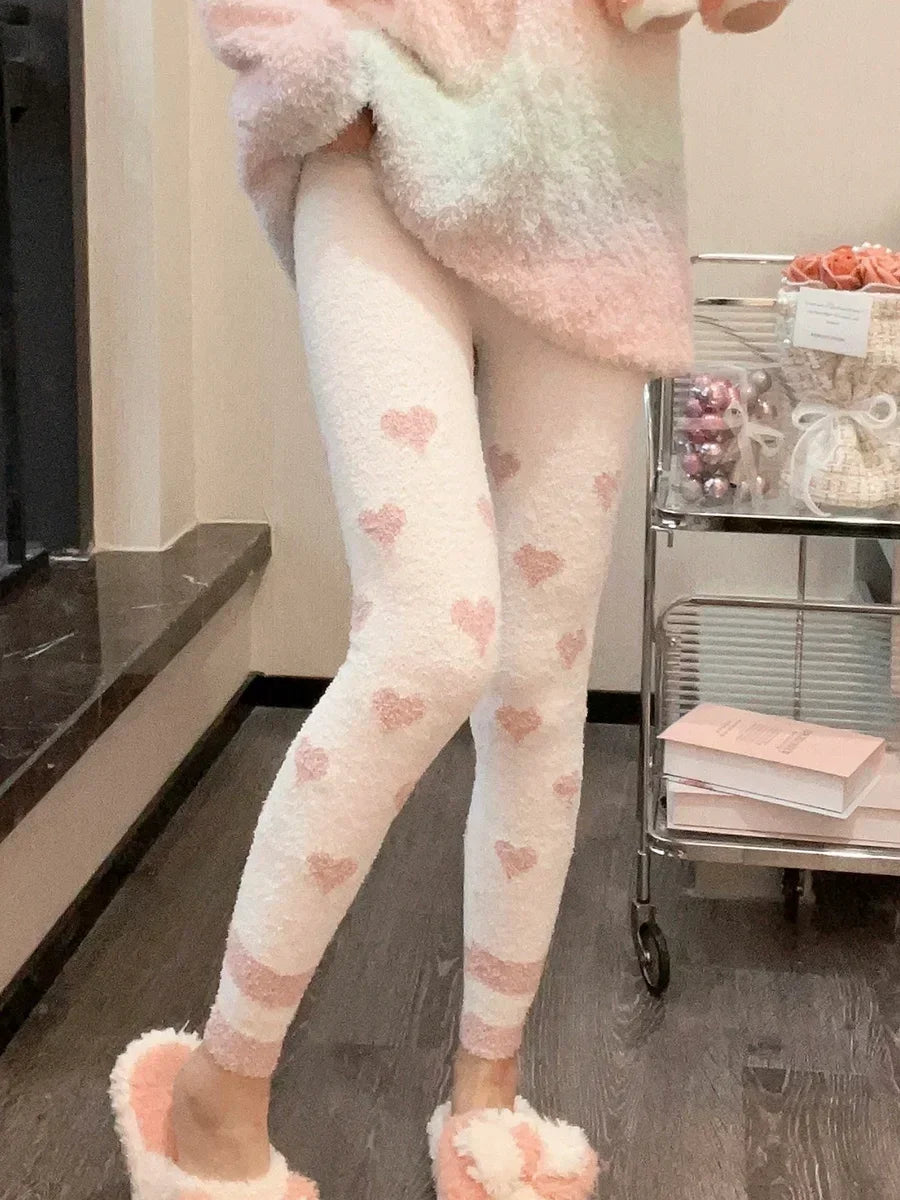 Heart Print Soft High Waist Coral Fleece Sleep Bottoms