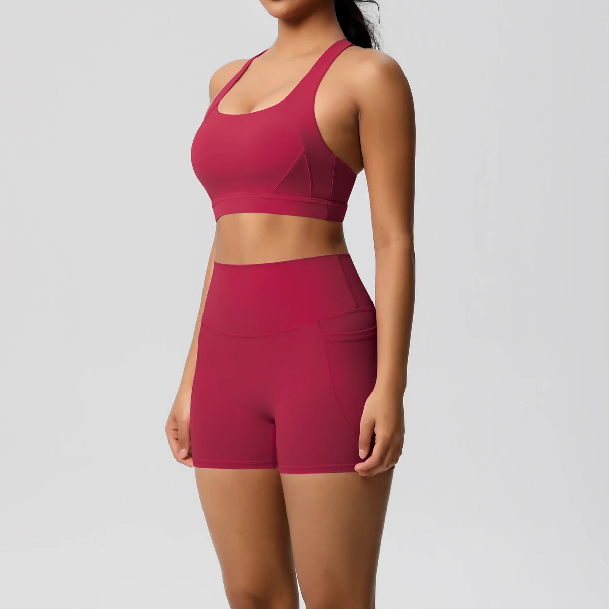 2PCS Women’s Yoga Set with Pockets – Crossover Bra & Sports Shorts / Leggings Gym Outfit