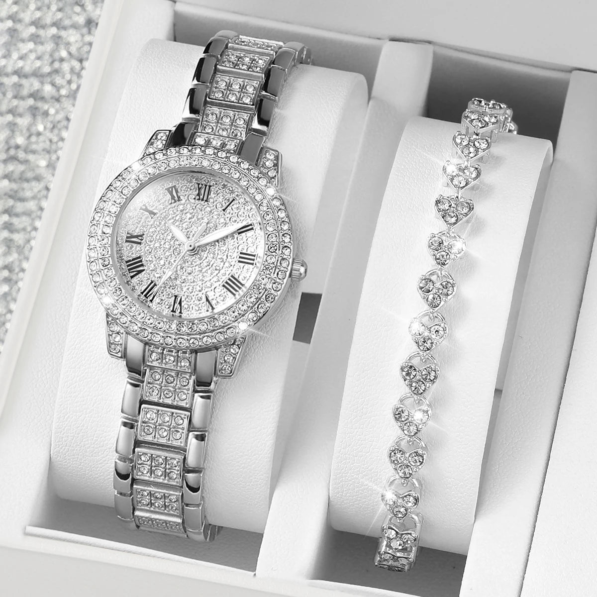 2pcs/set Women’s Stainless Steel Band Diamond Quartz Watch & Bracelet Set