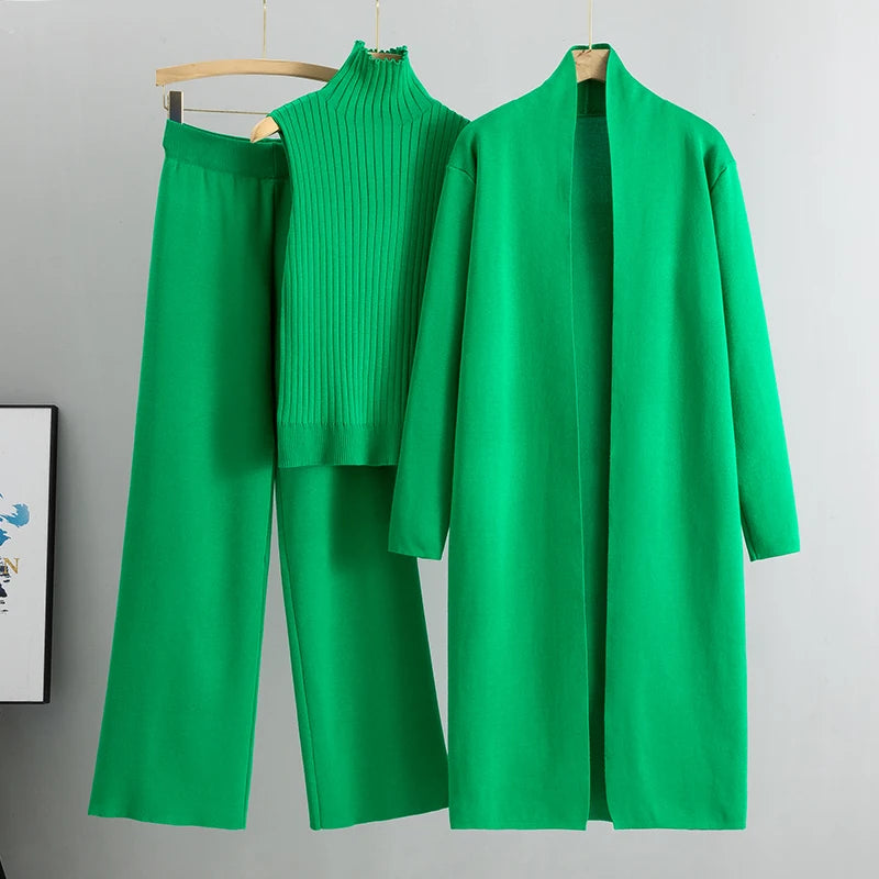 Spring Autumn Women’s 3-Piece Cardigan Tracksuit – Vintage-Inspired Knitted Sweater & Pants Set