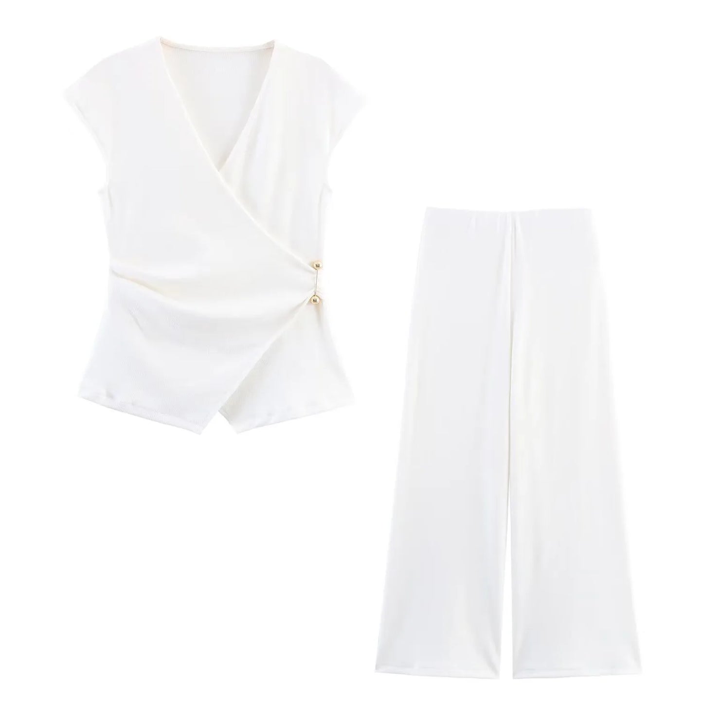 Summer New Women’s Two-Piece Set – Pin-Decorated Sleeveless Double-Breasted V-Neck Top & Mid-Waist Casual Pants