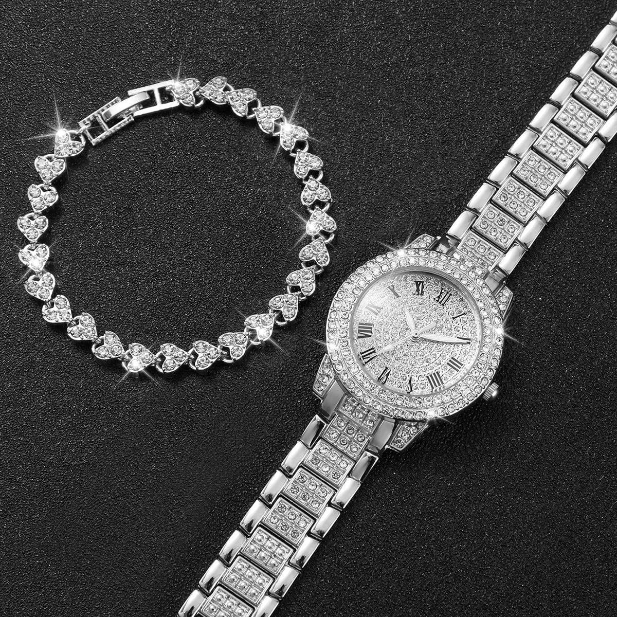 2pcs/set Women’s Stainless Steel Band Diamond Quartz Watch & Bracelet Set