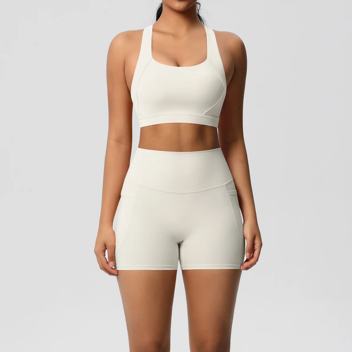 2PCS Women’s Yoga Set with Pockets – Crossover Bra & Sports Shorts / Leggings Gym Outfit