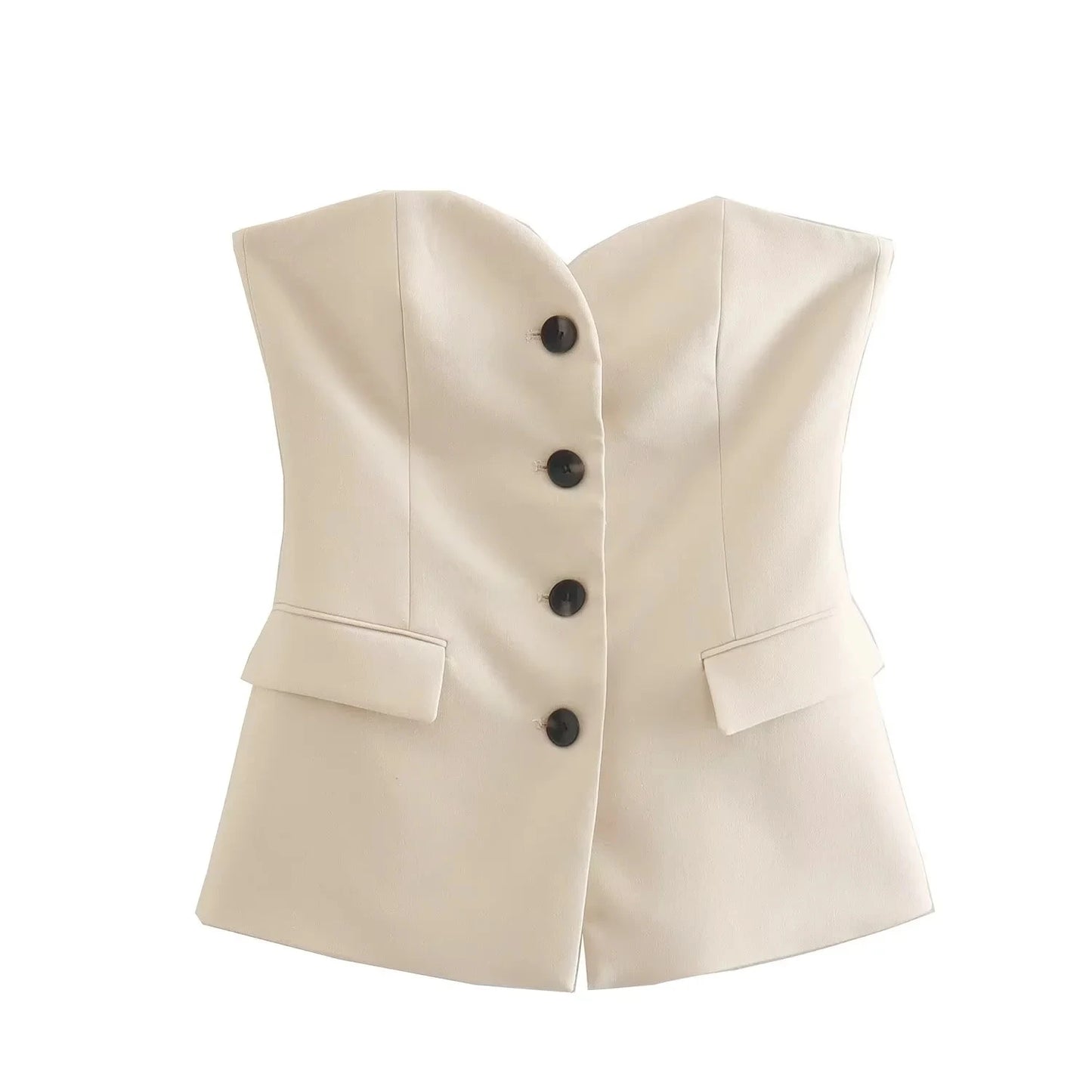 Elegant Women’s Strapless Pant Suit – Button-Up Top & Side-Slit Trousers