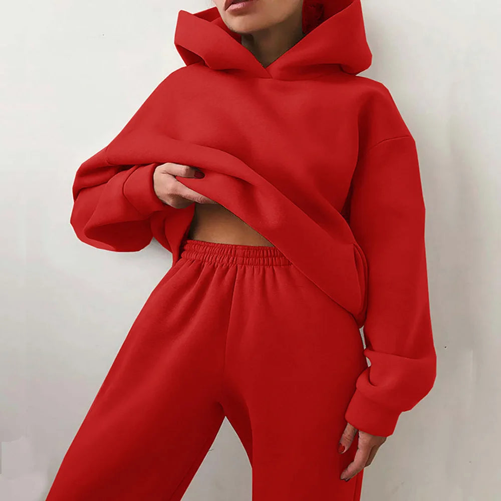 Women’s 2-Piece Leisure Sports Set – Autumn/Winter Fleece Hooded Suit