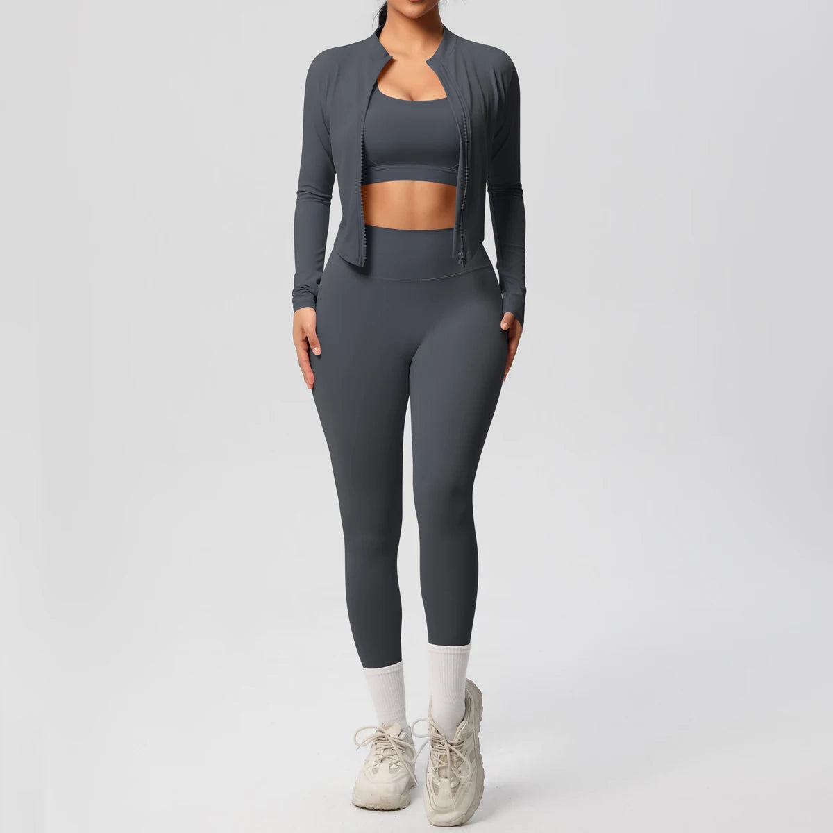 3-Piece Women's Sportswear Yoga Set – Zipper Jacket, Sports Bra & Leggings