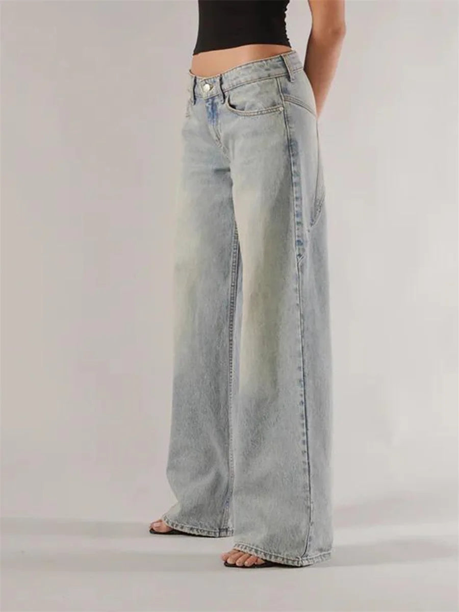 Women’s Y2K Vintage Gradient Jeans – Low Waist Wide-Leg Denim with Pockets