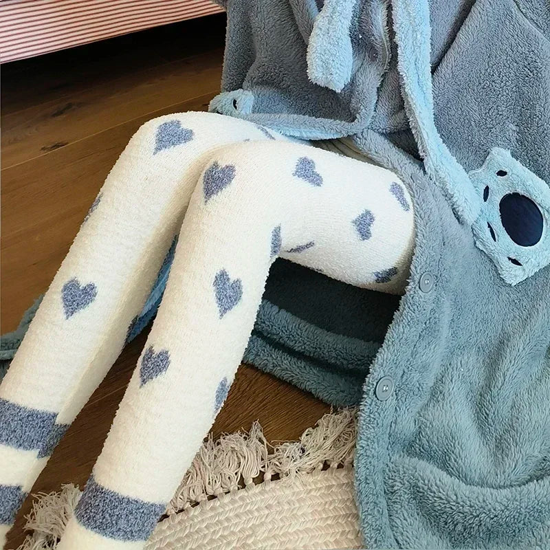 Heart Print Soft High Waist Coral Fleece Sleep Bottoms