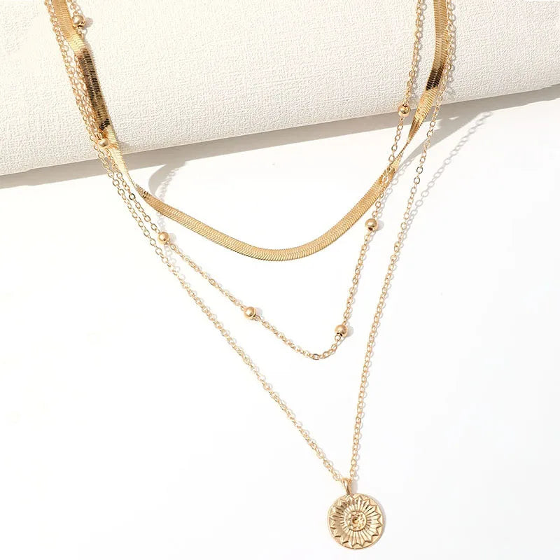 Fashion Flat Snake Chain Necklace with Three-Layer Coin Disc Pendants