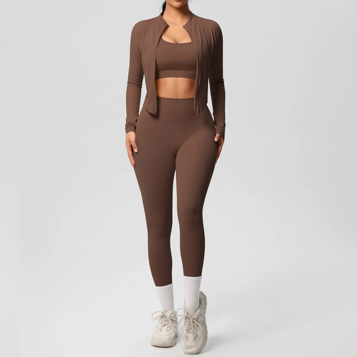 3-Piece Women's Sportswear Yoga Set – Zipper Jacket, Sports Bra & Leggings
