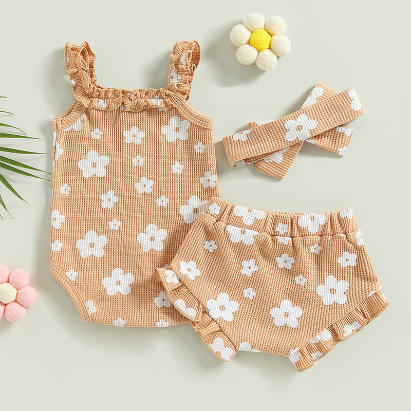 Baby Girl 3-Piece Summer Outfit – Floral Sleeveless Romper + Shorts + Headband (0–18 Months)