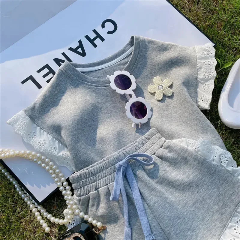 Baby Girl Summer Lace Patchwork Outfit – 2-Piece Floral Top & Shorts Set (Casual Tracksuit)
