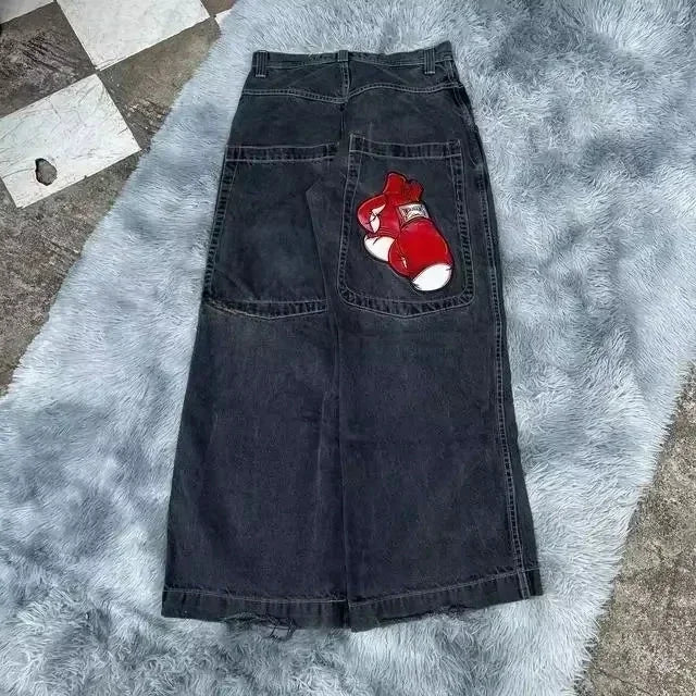 Y2K Embroidered Baggy Jeans – Unisex Vintage Streetwear with Harajuku Hip Hop Vibes