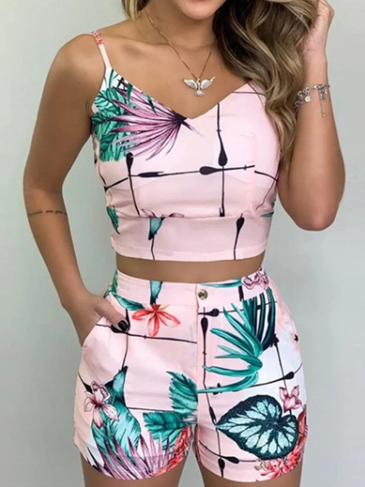 Women’s Summer Two-Piece Set – Sleeveless Floral Vest & Short Pants