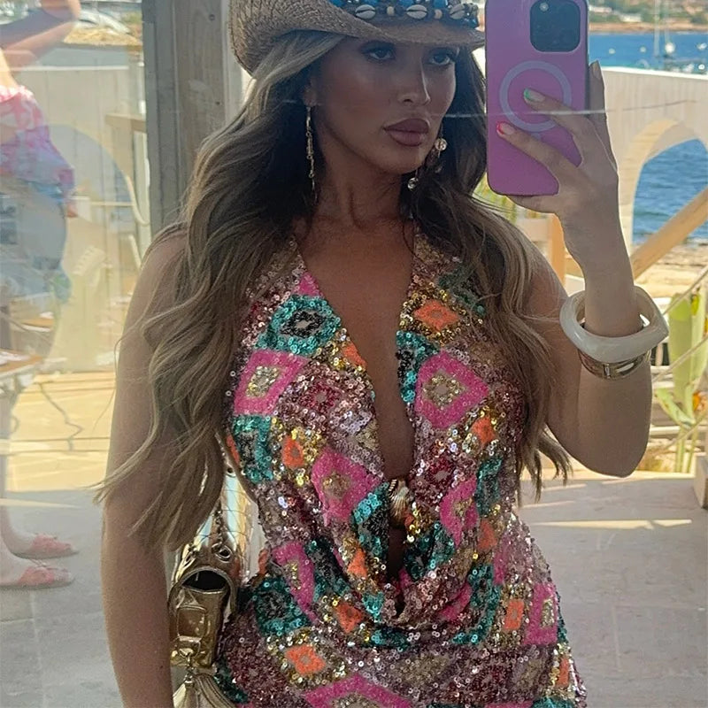 2025 Summer Colorful Sequin Halter Set – Plunge-Neck Sleeveless Vest & Bodycon Mini Skirt