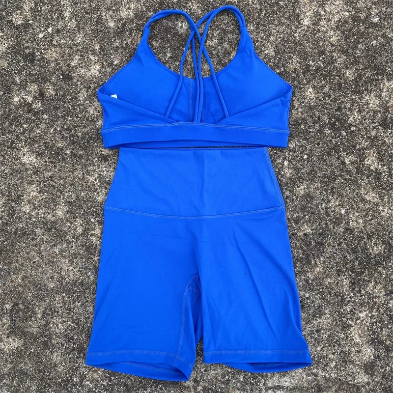 2-Piece Solid Color Gym & Yoga Set – Cross-Back Sports Bra + Biker Shorts
