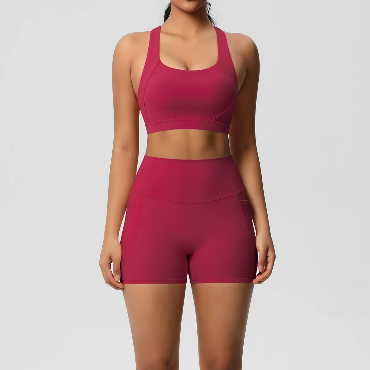 2PCS Women’s Yoga Set with Pockets – Crossover Bra & Sports Shorts / Leggings Gym Outfit